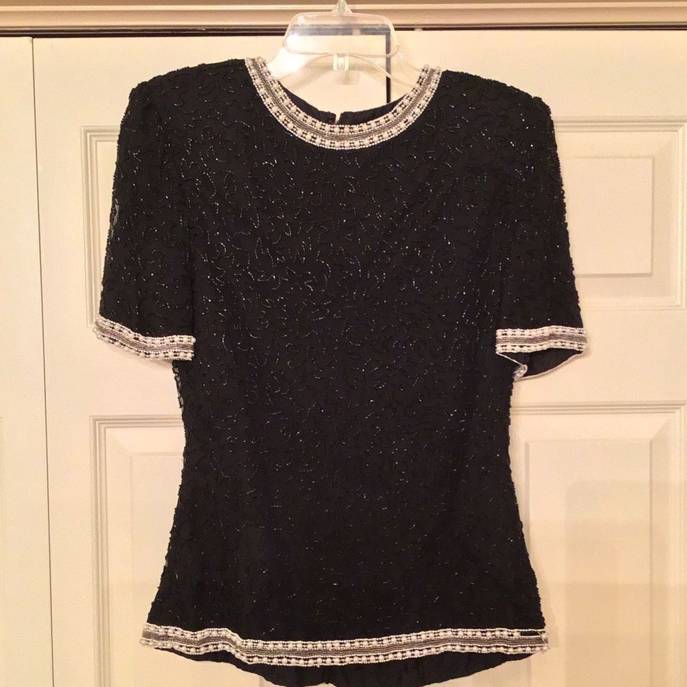 Patra Stenay VTG Black Beaded 100% Silk Blouse Top